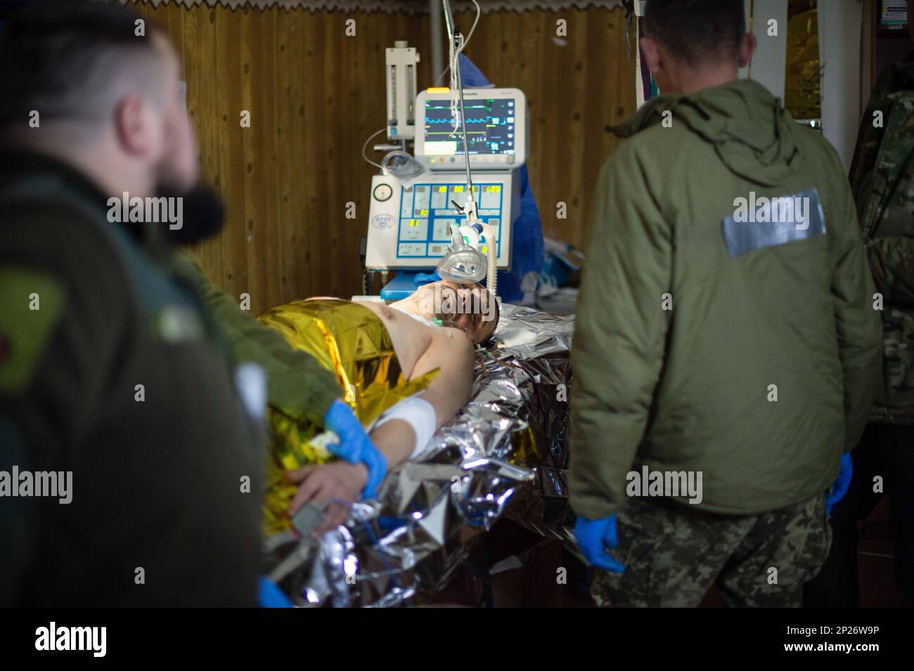 Donbass, Ukraine. 15th Feb, 2023. A Ukrainian soldier was shot in the chest at the Bakhmut front by a Russian sniper, the bullet was close to the heart. Taken to a stabilization center in an undisclosed location, he underwent emergency surgery. Credit: SOPA Images Limited/Alamy Live News Stock Photo