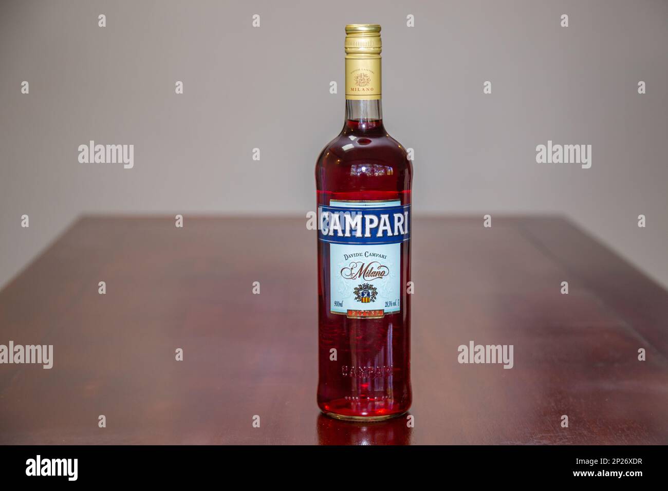 Brasilia DF, Brazil, March 04, 2023: Traditional Campari, bottle isolated in selective focus. Drink Stock Photo