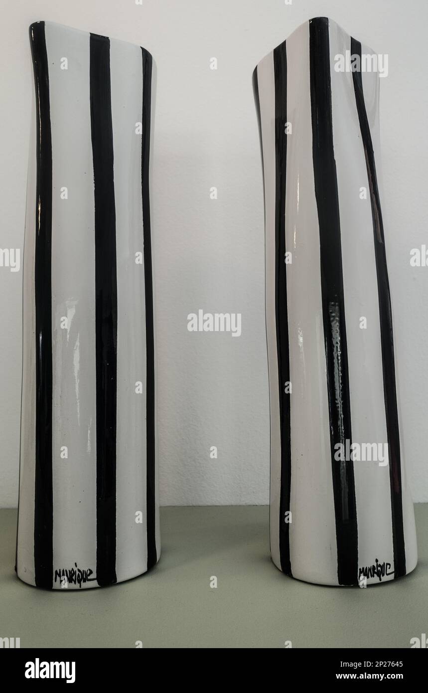 Black and white striped ceramic vases by Cesar Manrique, Lanzarote