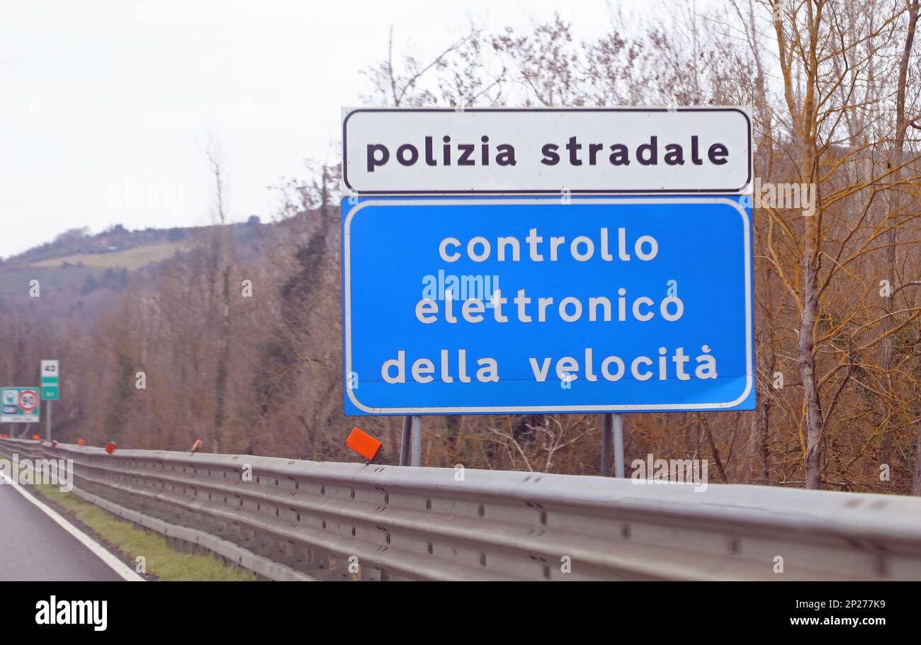 Siena, SI, Italy February 21, 2023 Italy Warning Panel that means Police electronic speed