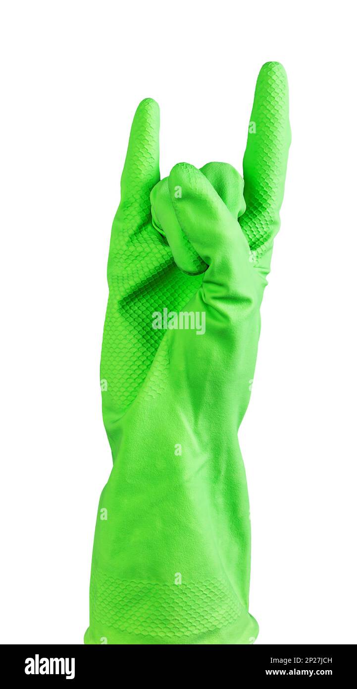 Cleaners hand showing cool rock gesture with fingers up in green rubber gloves for cleaning isolated on white background. Stock Photo