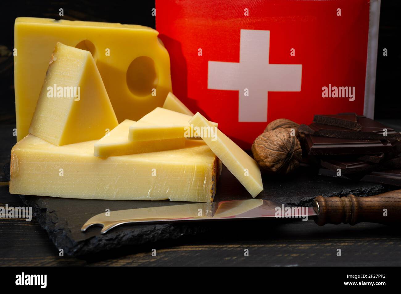 Assortment of Swiss cheeses Emmental or Emmentaler mediumhard cheese