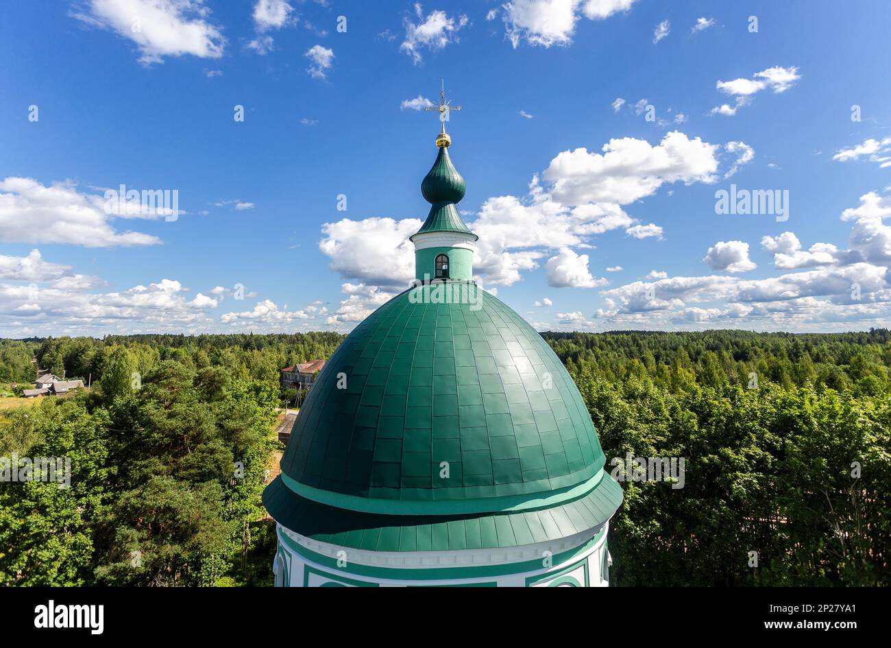 Dome of russian orthodox church with golden cross in Sopiny village ...
