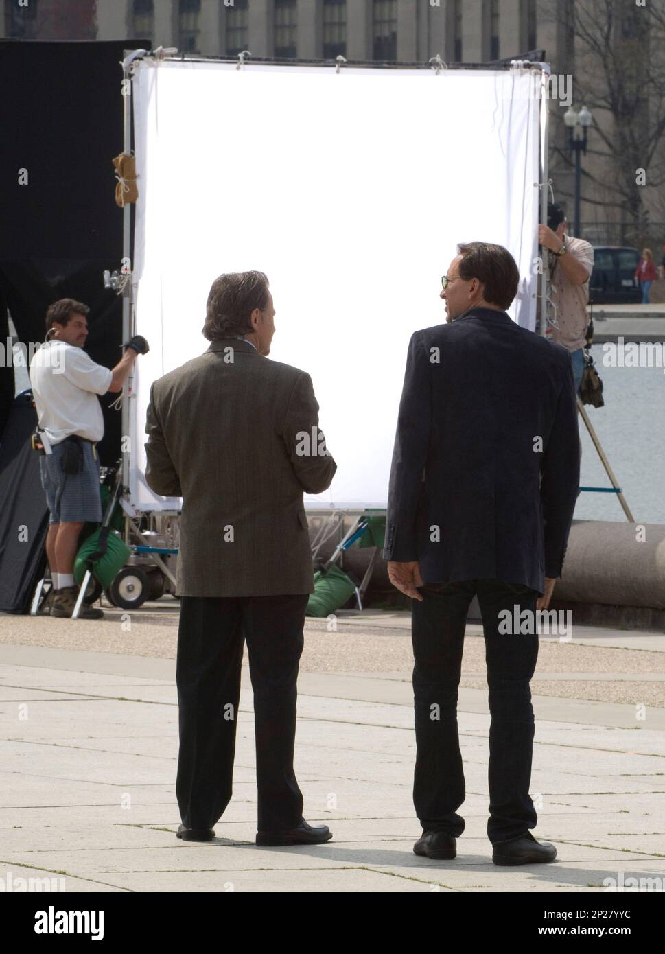 Actors Harvey Keitel, left, and Nicolas Cage, right, film a scene for the  movie "National Treasure: Book of Secrets" by the West Front reflecting  pool on Wednesday, March 28, 2007. (CQ Roll