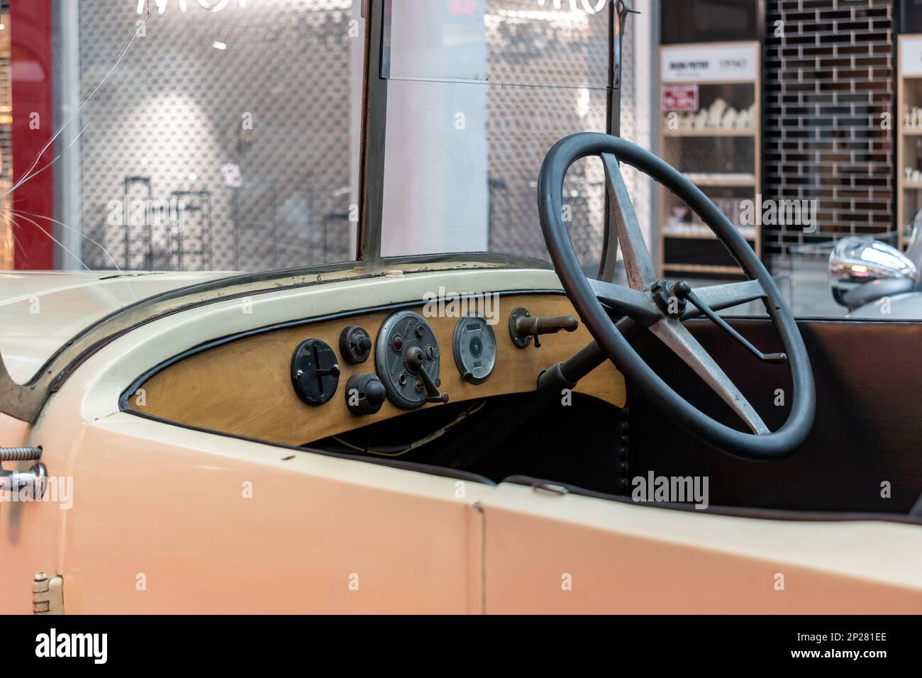 The exhibition of historic cars and motorcycles of the Skoda brand.  car Laurin and Klement 100, year of manufacture 1922 detail of the cabin Stock Photo