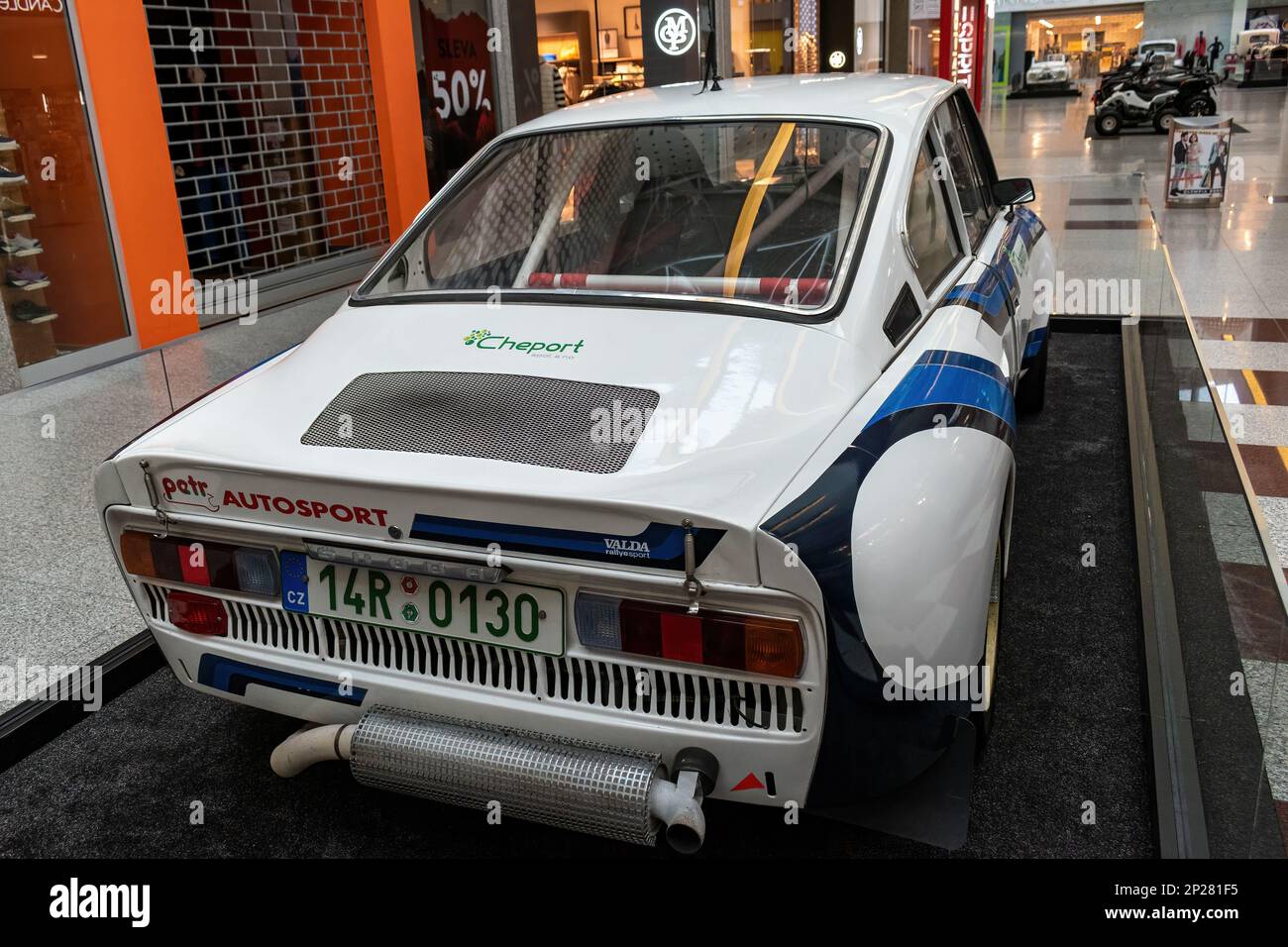 Brno, Czech Republic February 16, 2023. Olympia Center, the exhibition of historic cars and motorcycles of the Skoda brand. car Skoda 130 RS rear view Stock Photo
