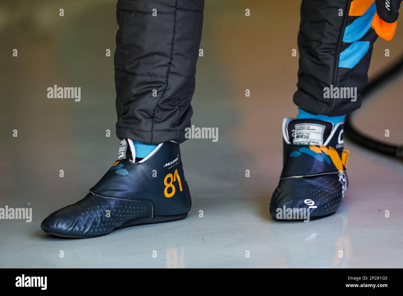 Focus on the Sparco racing shoes of PIASTRI Oscar (aus), McLaren F1 Team  MCL60, during the Formula 1 Gulf Air Bahrain Grand Prix 2023, 1st round of  the 2023 FIA Formula One