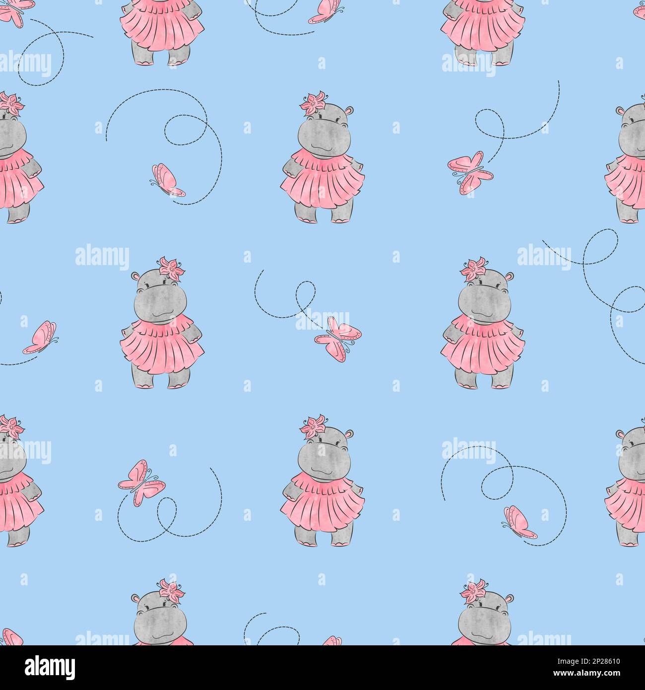 Cute cartoon baby Hippo pattern. Vector seamless background for kids ...
