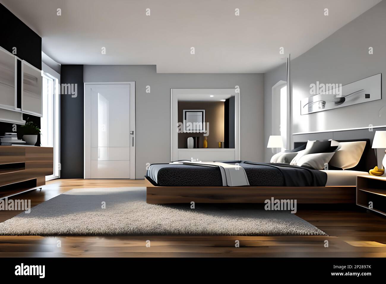 Minimalism style modern bedroom interior design. Dominant shades of