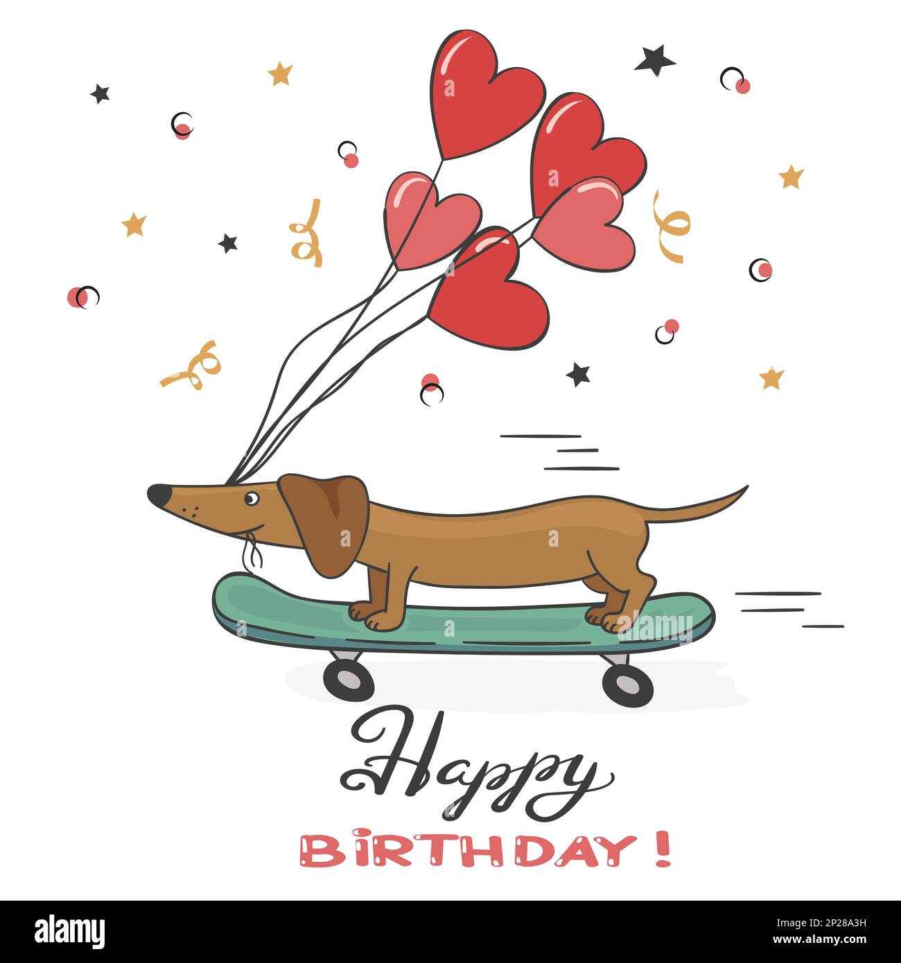 Greeting card with cute dachshund dog and balloons. Happy Birthday ...