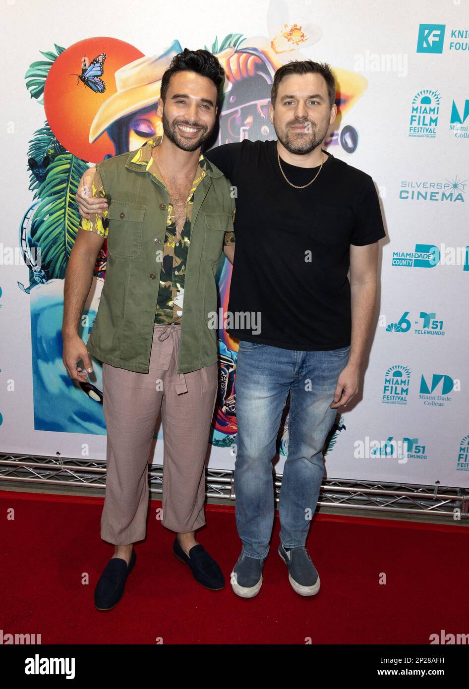 MIAMI, FLORIDA - MARCH 3: Ernesto Reyes and Jon Garcia are seen at the