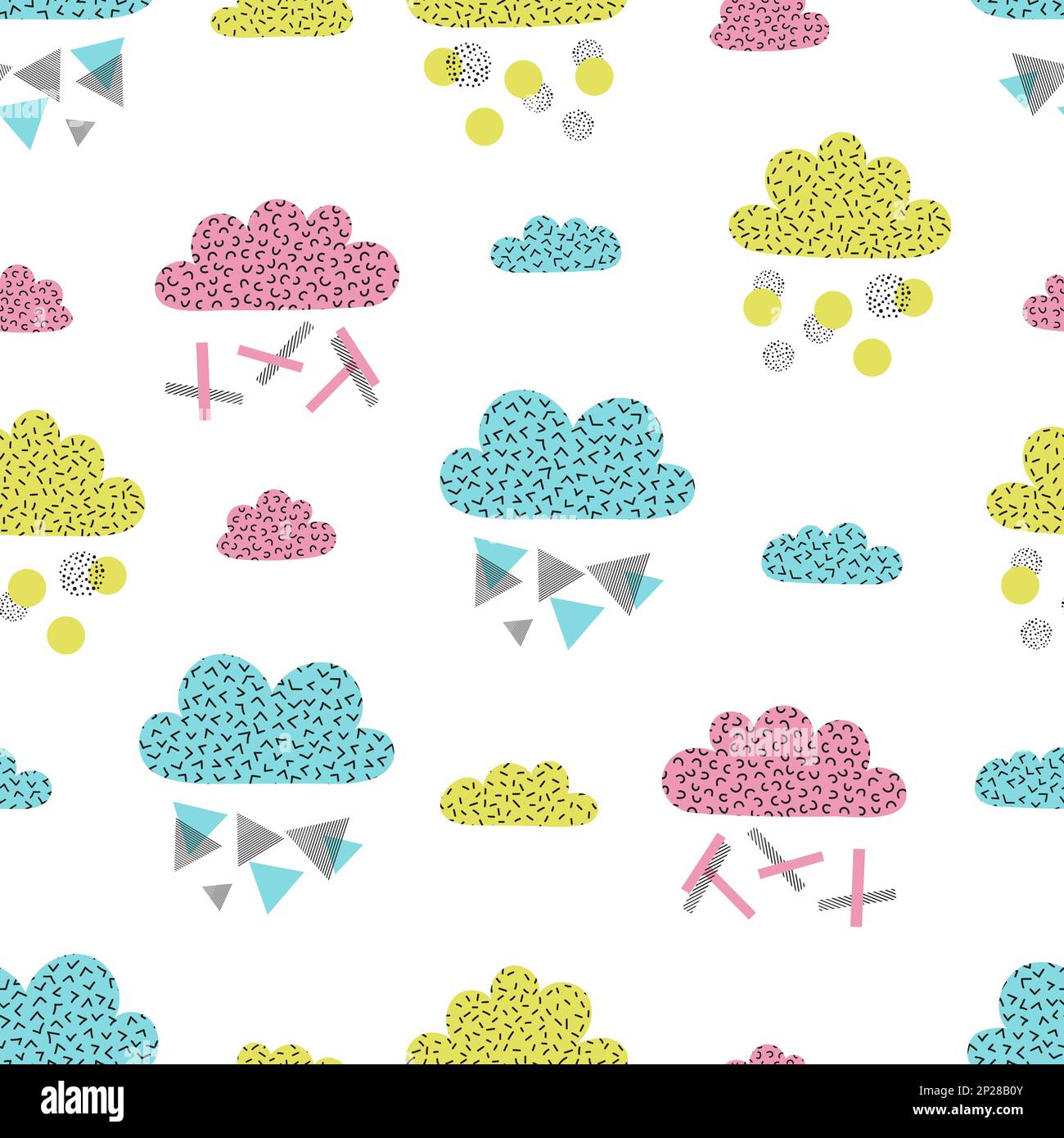 Seamless pattern with abstract clouds, memphis style. Vector retro background. Stock Vector