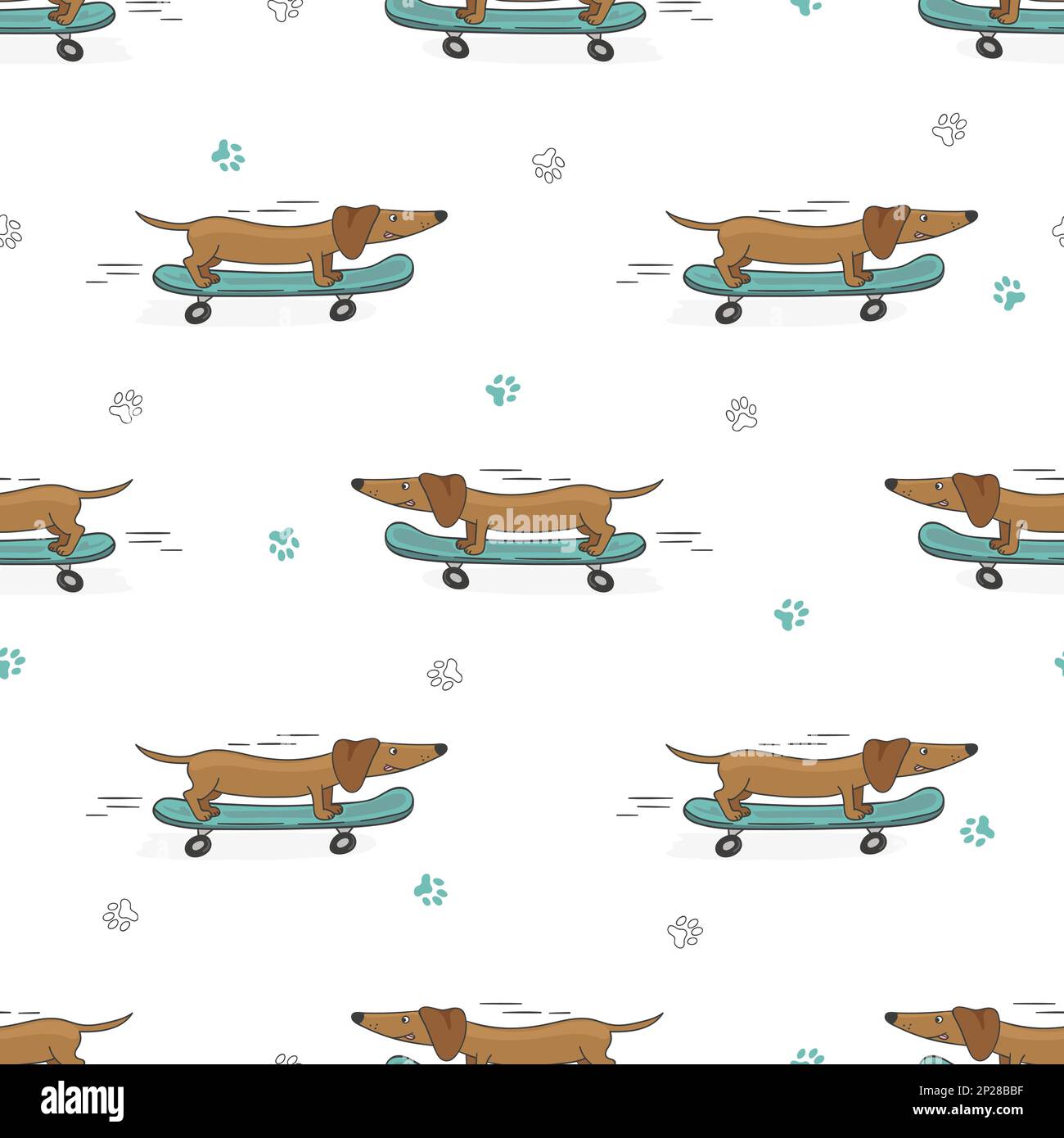 Seamless pattern with cute dachshund on skateboard. Vector background. Stock Vector