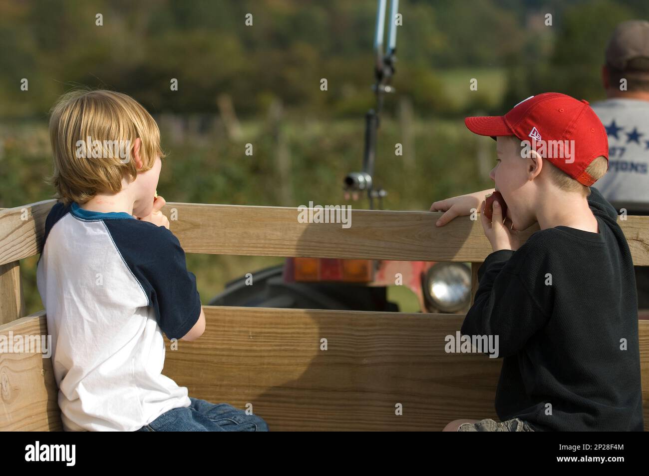 Aidan Quillen and Evan Kagarise eat apples during a hay ride at Great
