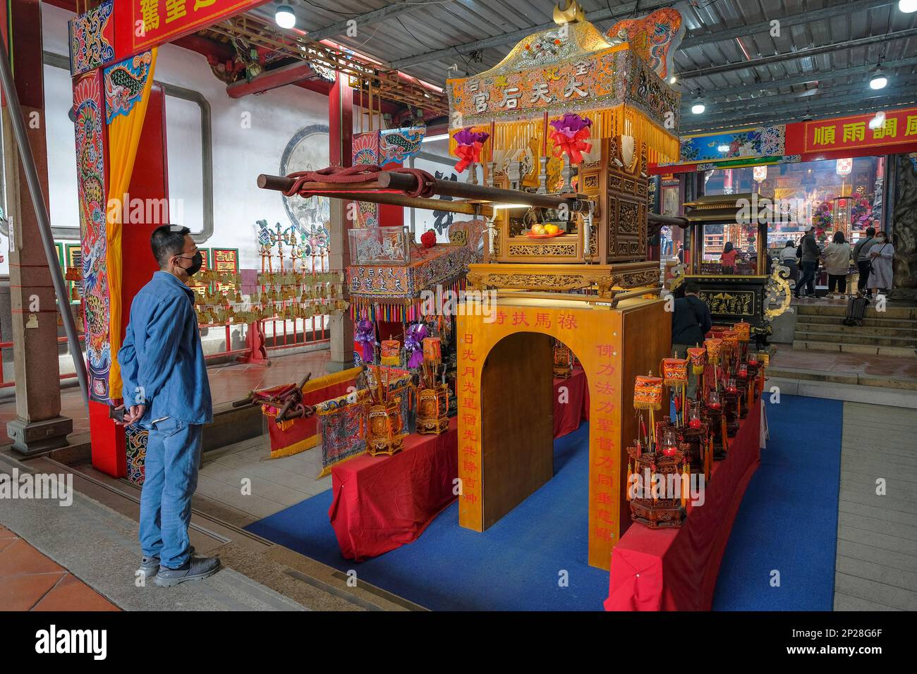 Tainan, Taiwan - February 4, 2023: Litter for the pilgrimage of the goddess Mazu in the Grand Mazu Temple in Tainan, Taiwan. Stock Photo