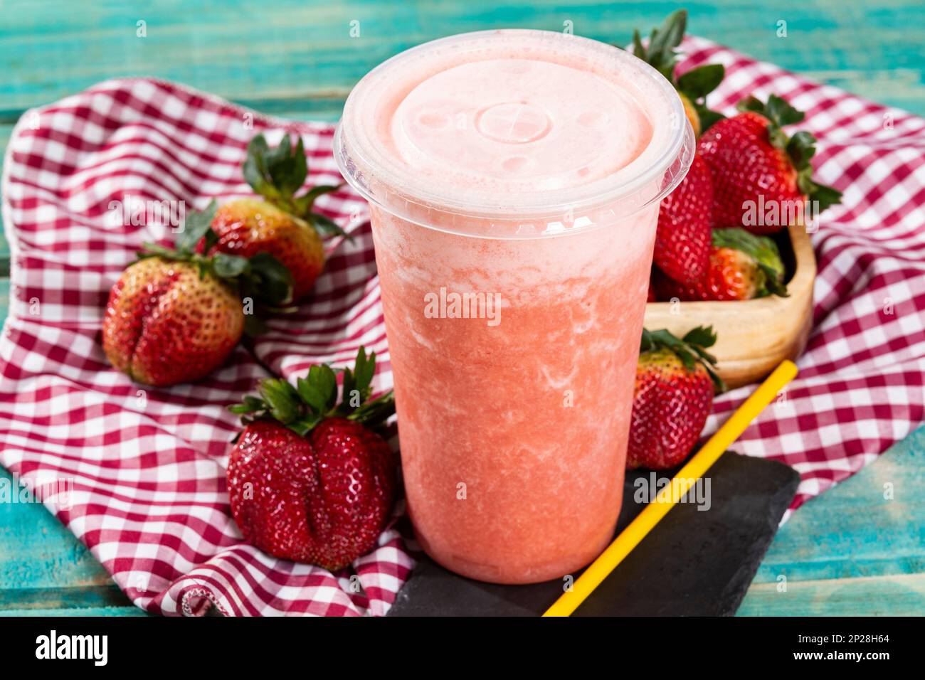 Tasty Strawberry Juice; Photo On Wooden Background Stock Photo