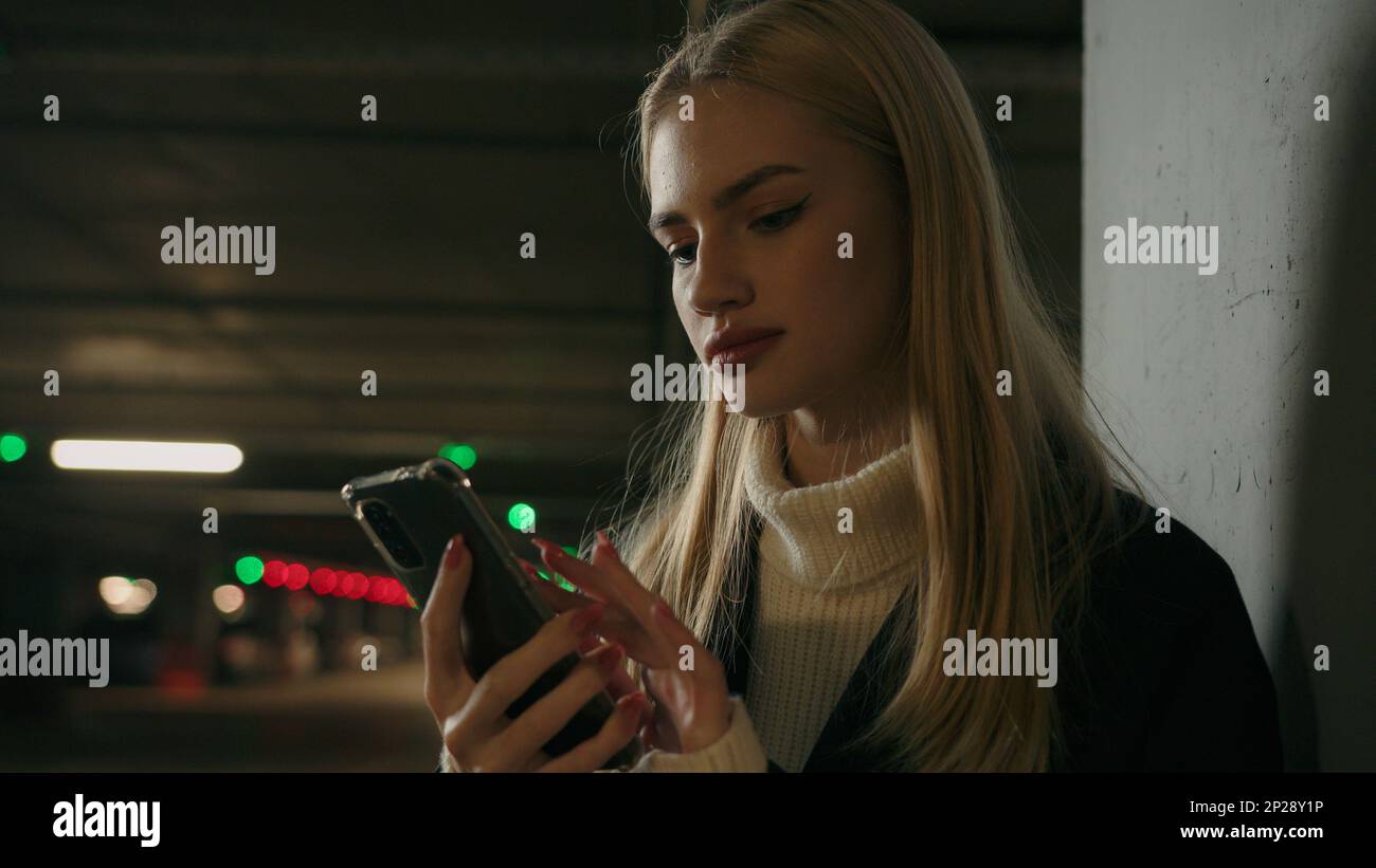 Businesswoman Caucasian woman female girl driver stand alone on parking