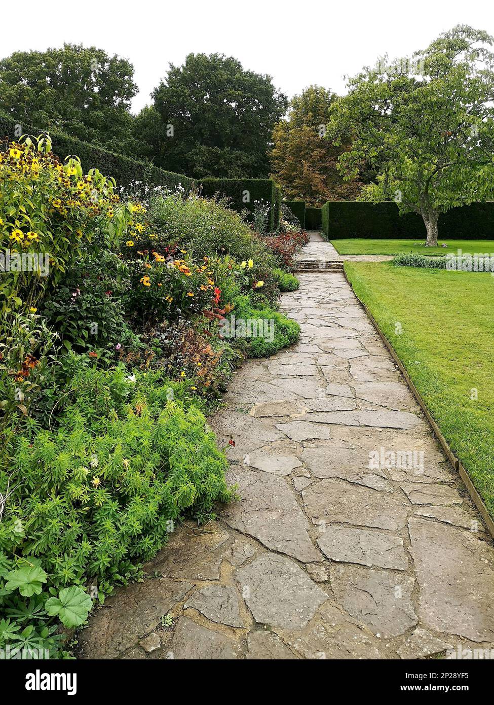 View of a stone garden path with a perennial border. Stock Photo