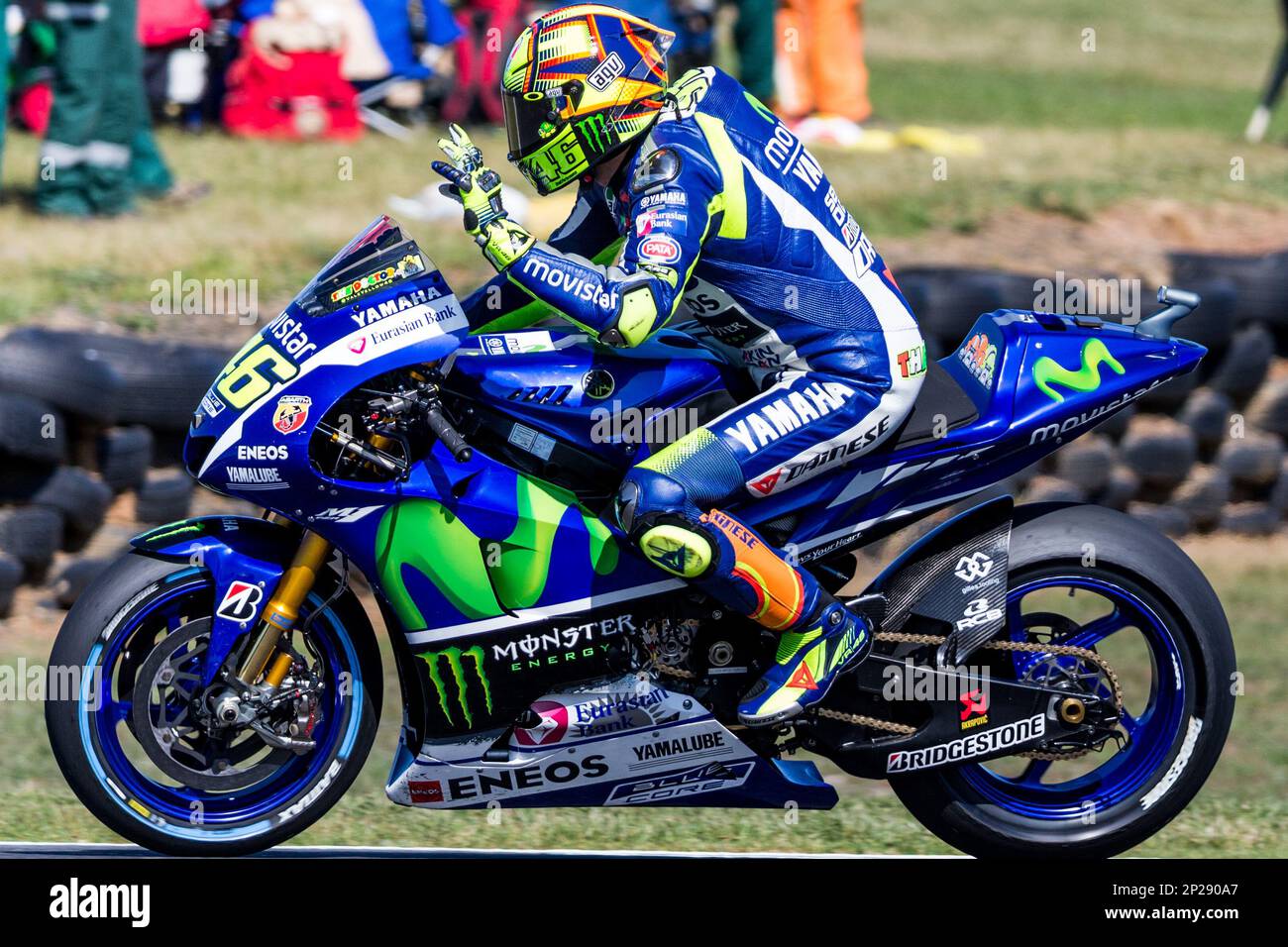 October 17, 2015: Valentino Rossi (ITA) of Movistar Yamaha MotoGP waves to  the crowd during Qualifying for the 2015 MotoGP of Australia at Phillip  Island Grand Prix Circuit on October 17, 2015