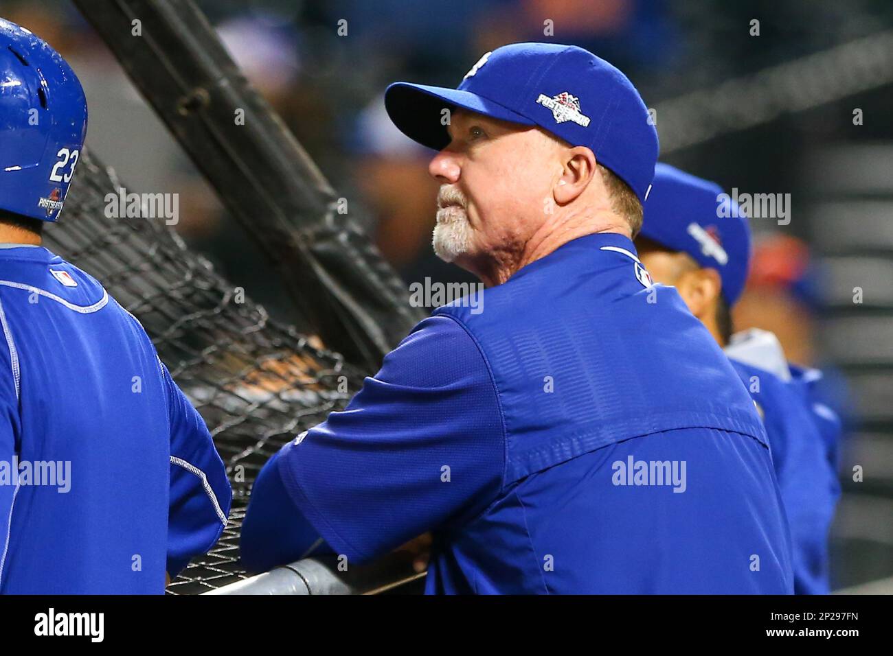 13 OCT 2015: Los Angeles Dodgers batting coach Mark McGwire (25) during  batting practice prior to Game 4 of the NLDS between the New York Mets and  the Los Angeles Dodgers played