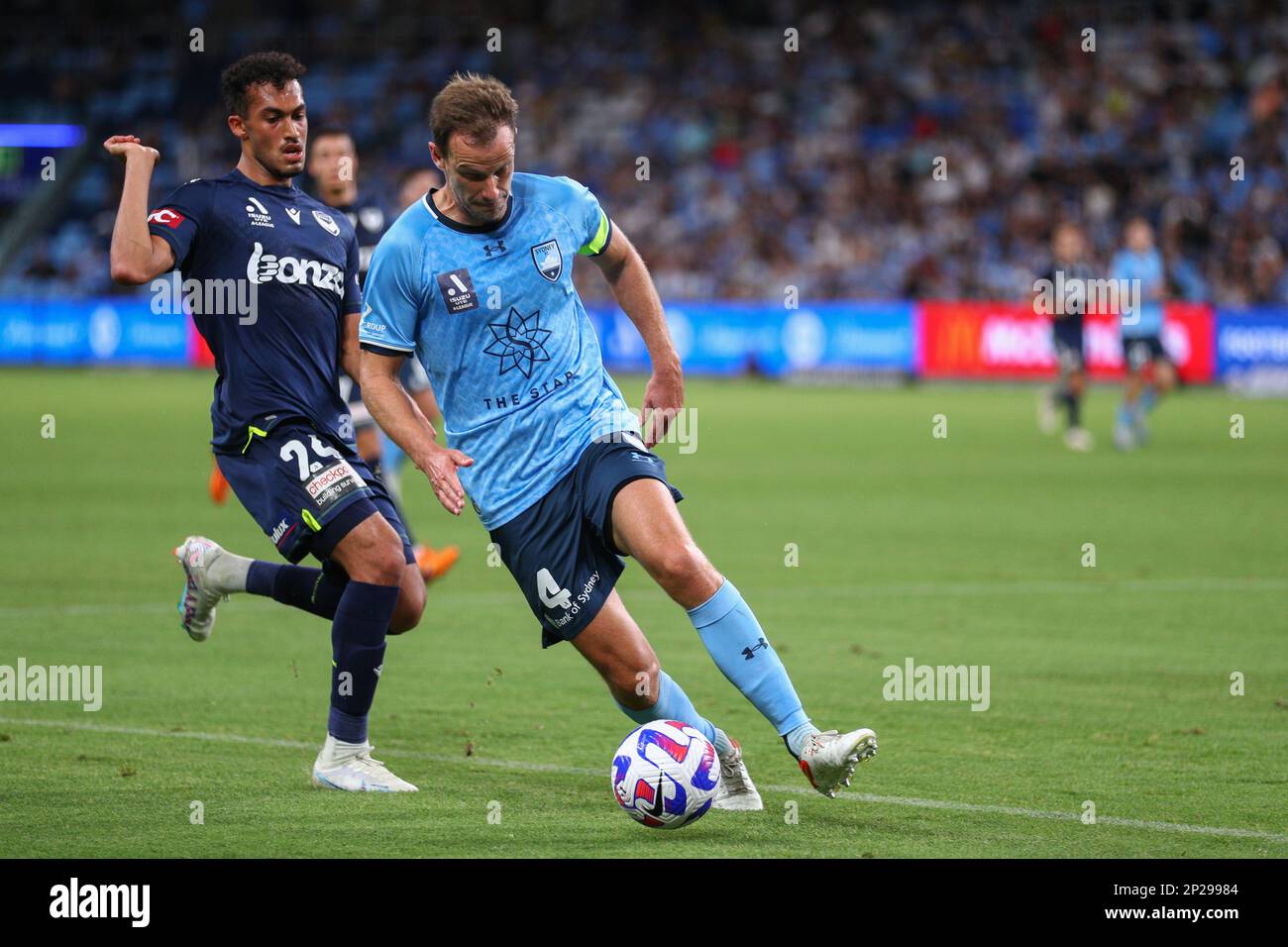4th March 2023; Allianz Stadium, Sydney, NSW, Australia: A-League Football, Sydney FC versus Melbourne Victory; Alex Wilkinson of Sydney FC takes control of the ball Credit: Action Plus Sports Images/Alamy Live News Stock Photo