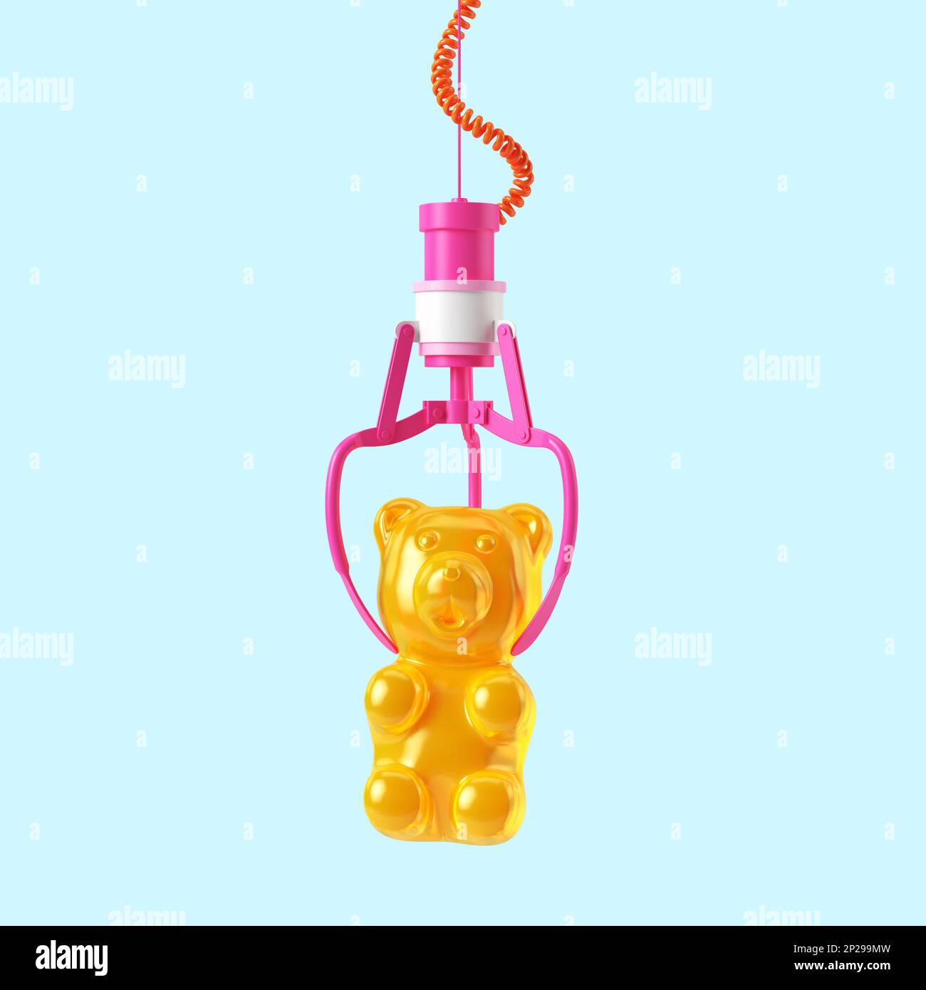 Pink robotic metal claw hold yellow Gummy Bear. Isolated on a blue pastel background. 3d rendering Stock Photo