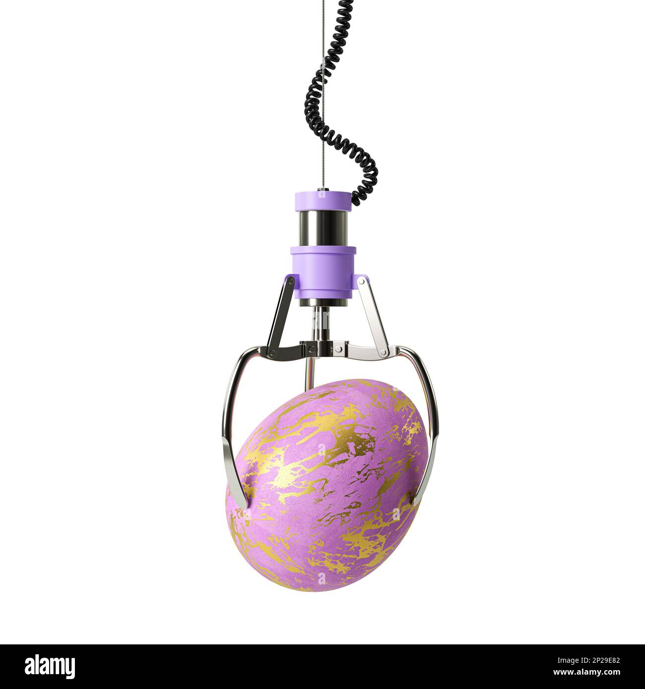 Purple robotic metal claw hold Purple Happy Easter egg with golden pattern. Isolated on a white background. 3d rendering Stock Photo