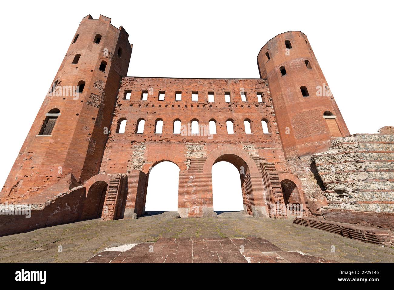 Ancient Roman ruins of Palatine gate and towers (Porta Palatina), isolated on white background, Turin downtown (Torino), Piedmont, Italy, Europe. Stock Photo