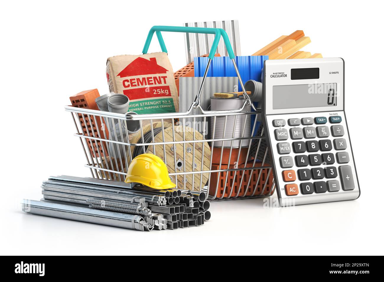 Shopping basket full of construction materials and tools with