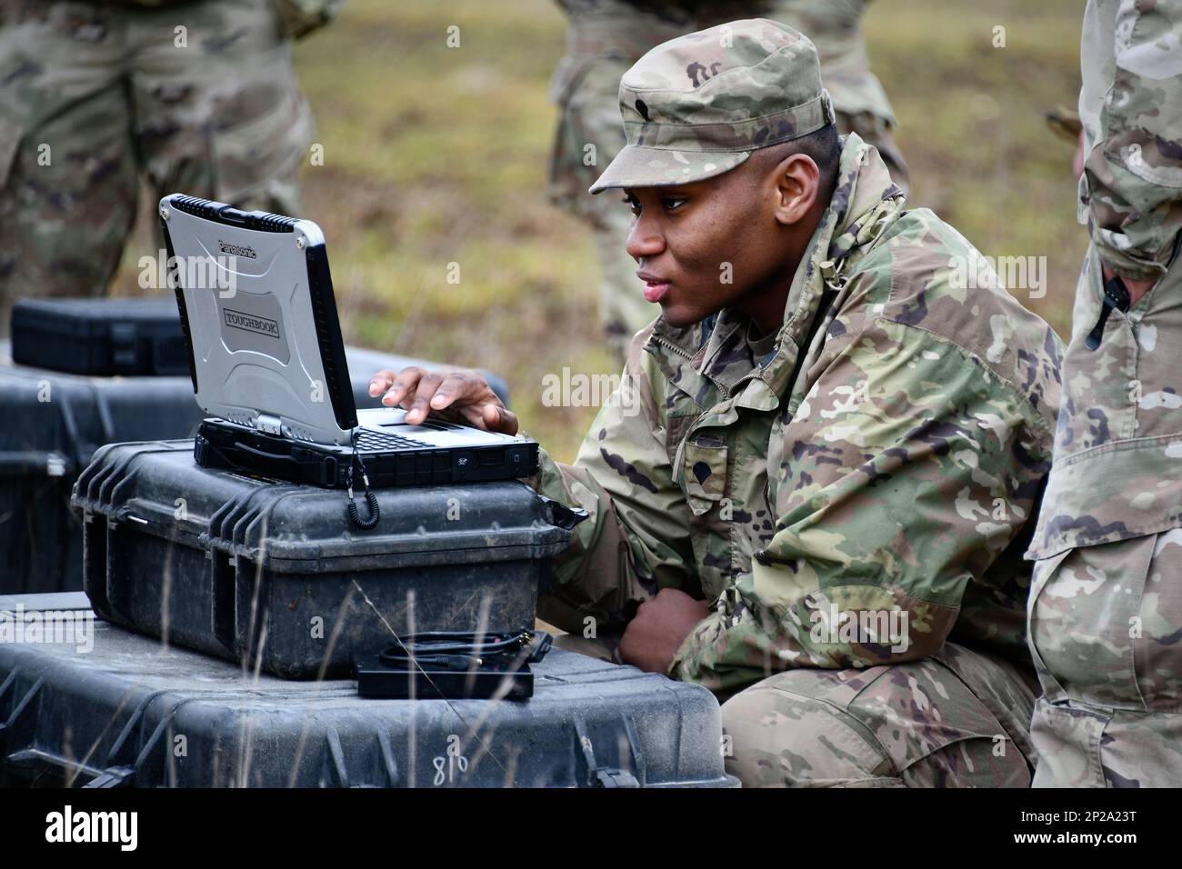 A U.S. Soldier with Palehorse Troop, 4th Squadron, 2nd Cavalry Regiment operates a monitor during a training exercise with an RQ-11 Raven, a Small Unmanned Aircraft System, at the 7th Army Training Command’s Grafenwoehr Training Area, Germany, Jan. 10, 2023. 2CR provides V Corps with a lethal and agile force capable of rapid deployment throughout the European theater in order to assure allies, deter adversaries, and when ordered, defend the NATO alliance. Stock Photo