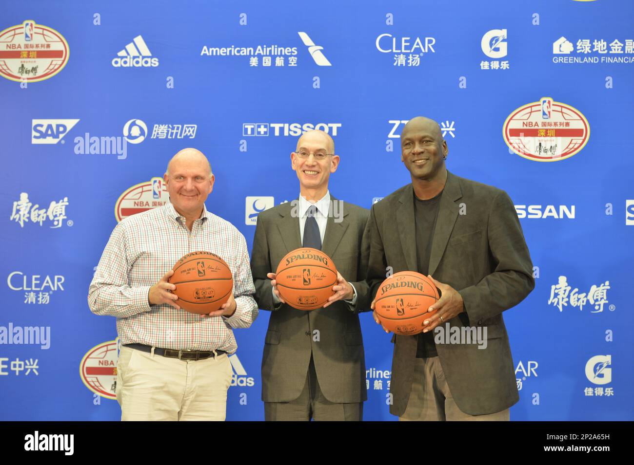 From left) American businessman Steve Ballmer, owner of the Los Angeles  Clippers, Adam Silver, commissioner of the National Basketball Association  (NBA), and former NBA star Michael Jordan, owner and chairman of the