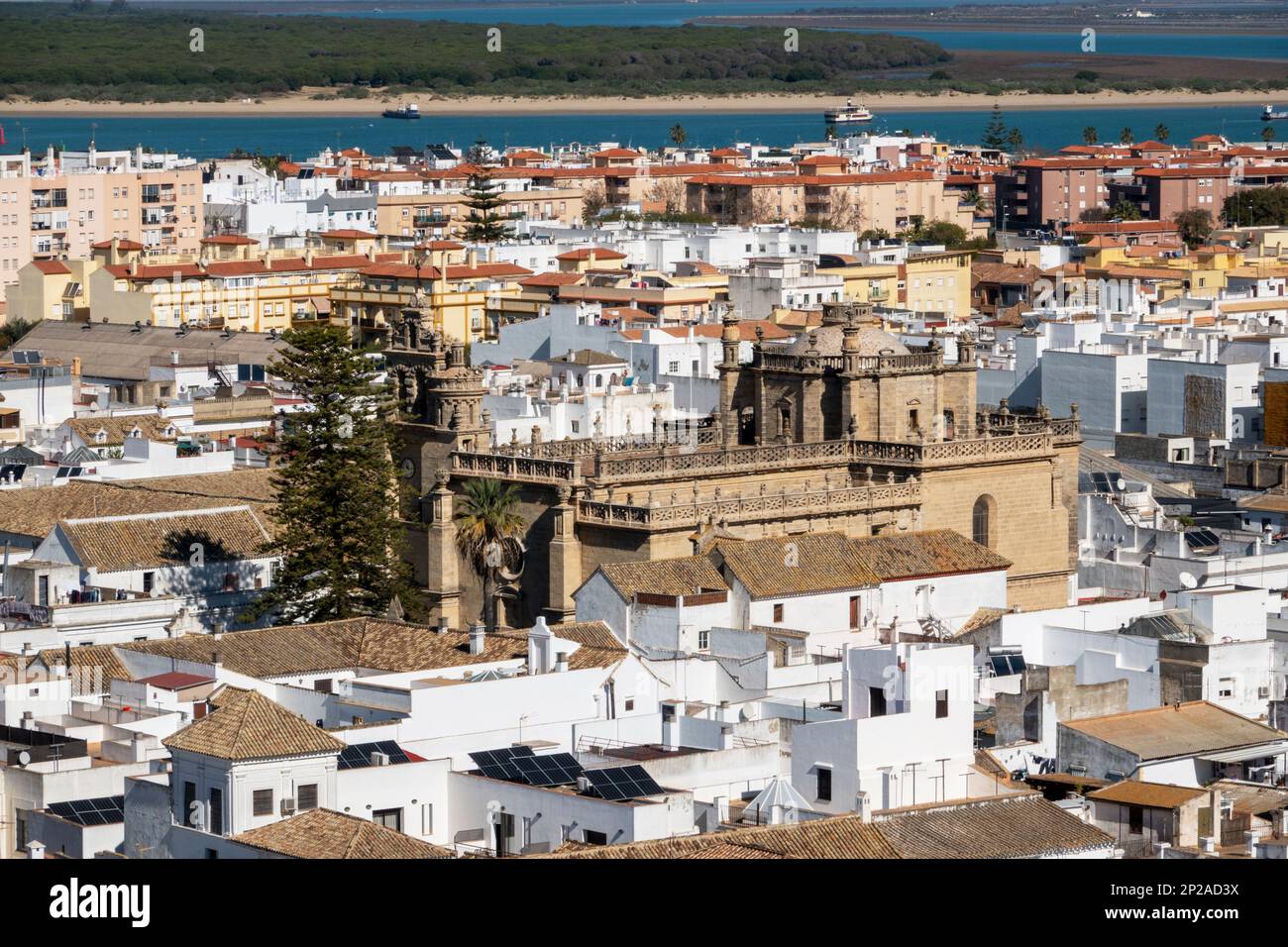 Air view of Sanlucar de Barrameda, where we can see some of its streets, houses and traditional buildings. Tourist village of Cadiz province, Spain Stock Photo
