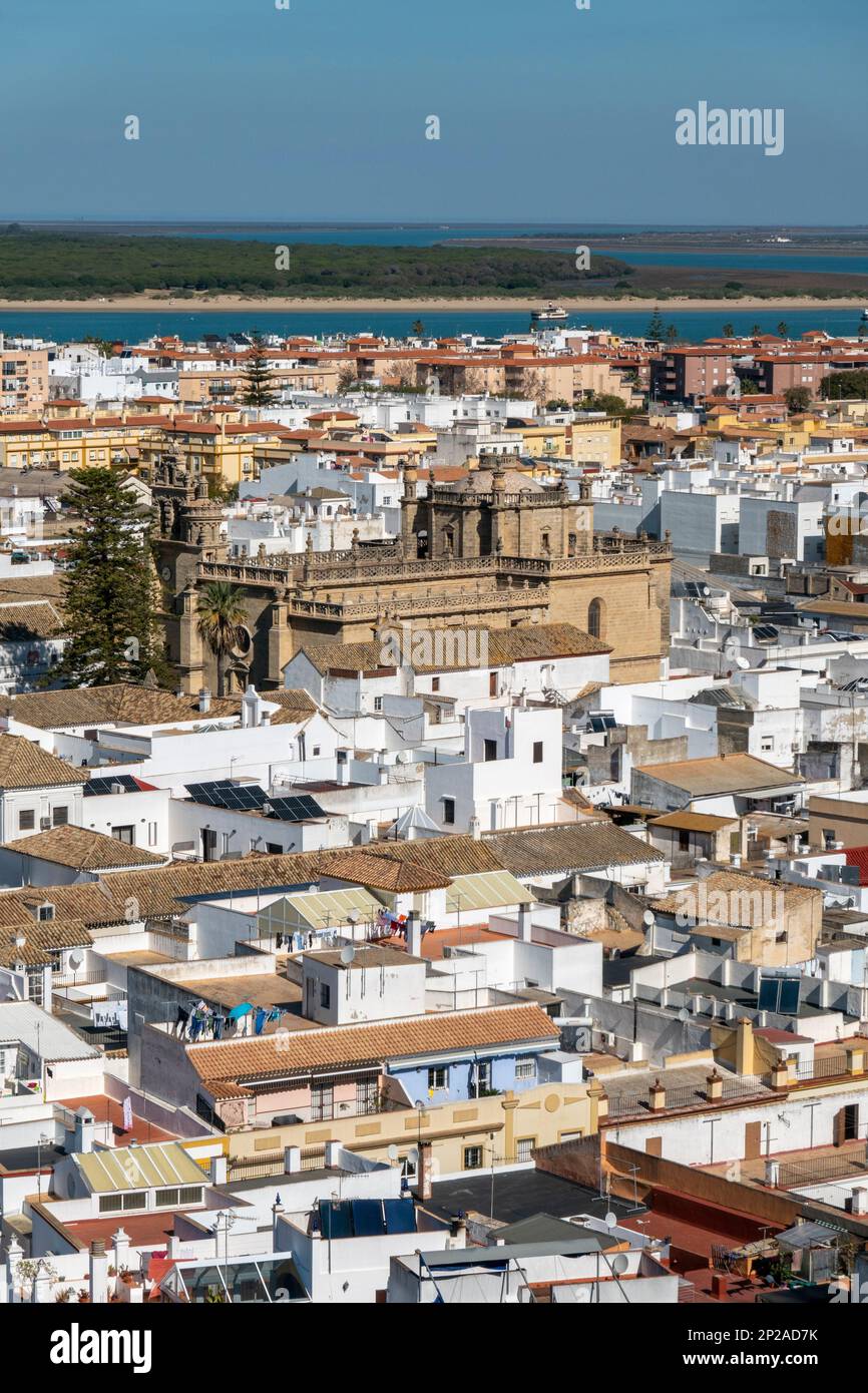 Air view of Sanlucar de Barrameda, where we can see some of its streets, houses and traditional buildings. Tourist village of Cadiz province, Spain Stock Photo