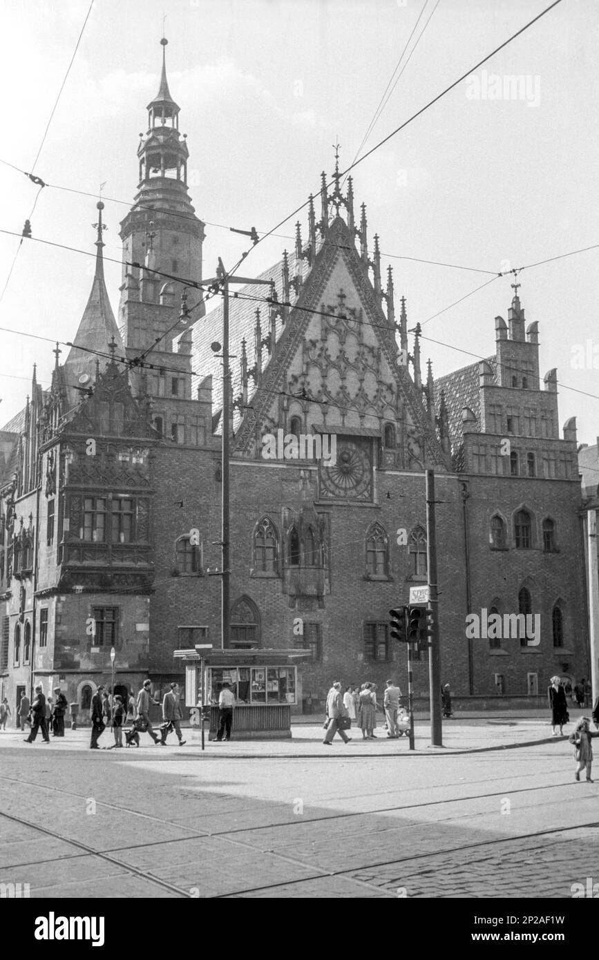 Wroclaw Old City Hall with clock on the Market Square (Rynek) in the Old Town. Wroclaw, Poland, 1957 Stock Photo