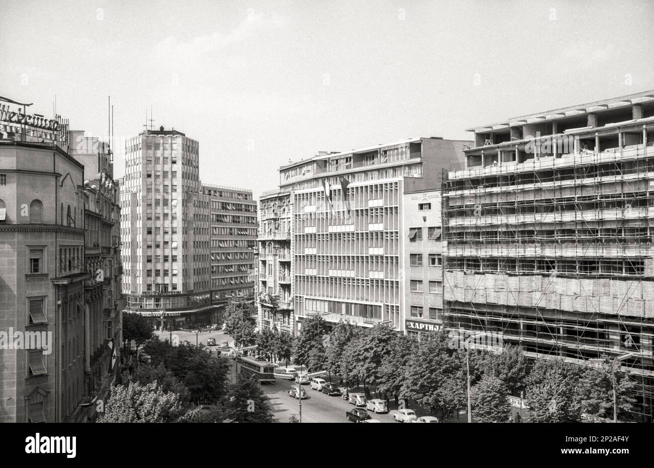View of Terazije Street and of the Palace Albanija from Hotel Moskva. City of Belgrade, Serbia, Europe, May 1958 Stock Photo