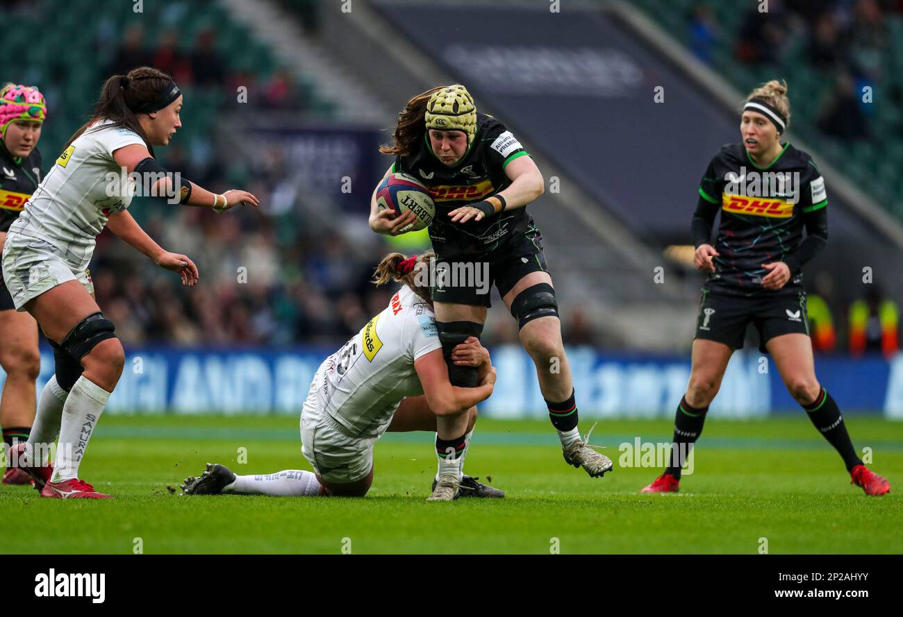 Harlequins' Emily Robinson tackled by Exeter Chiefs' Emily Tuttosi ...