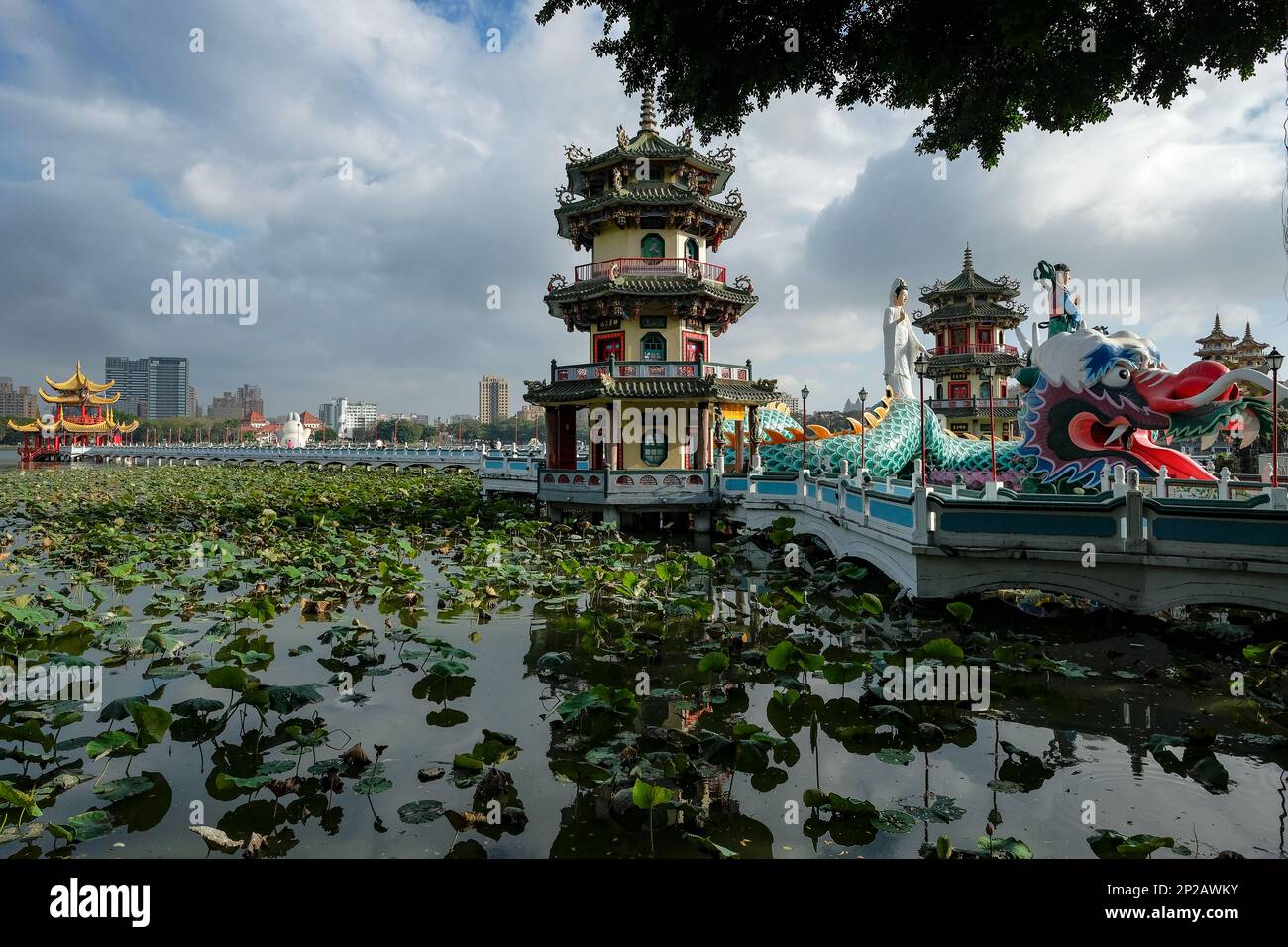 Kaohsiung, Taiwan - February 9, 2023: The Spring and Autumn Pavilions is a Taoist temple located on Lotus Lake in Kaohsiung, Taiwan Stock Photo