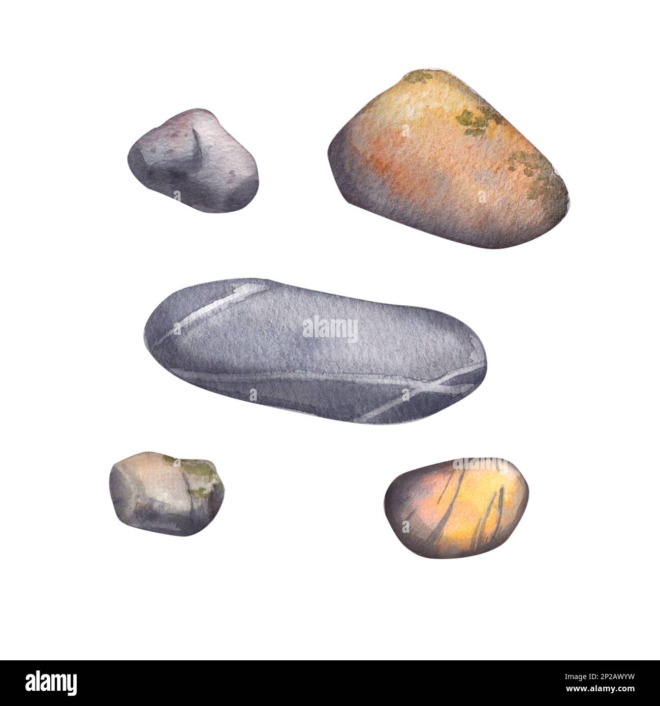 A set of sea stones of different sizes isolated on a white background. Watercolor illustration of gray, striped stones. The underwater bottom. Aquariu Stock Photo