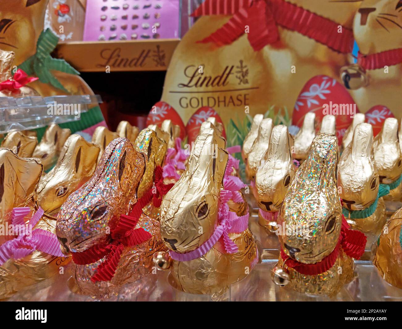 chocolate easter gold bunnies by Lindt in a supermarket Stock Photo