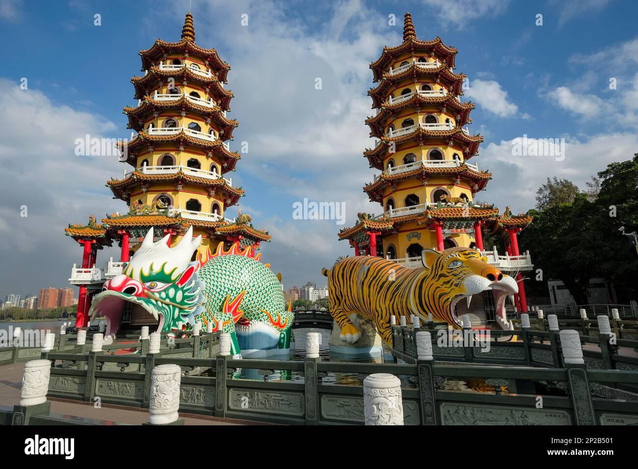 Kaohsiung, Taiwan - February 9, 2023: Dragon and Tiger Pagodas is a temple located on Lotus Lake in Kaohsiung, Taiwan Stock Photo
