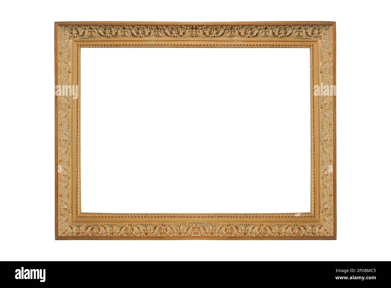 Wooden broad picture frame white background isolated detailed gold wide