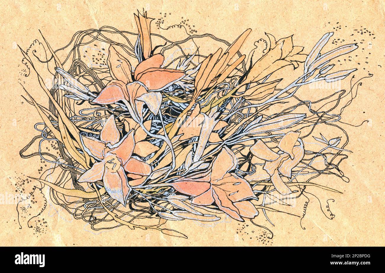 Elegant flower arrangement of line art flowers and leaves. Design