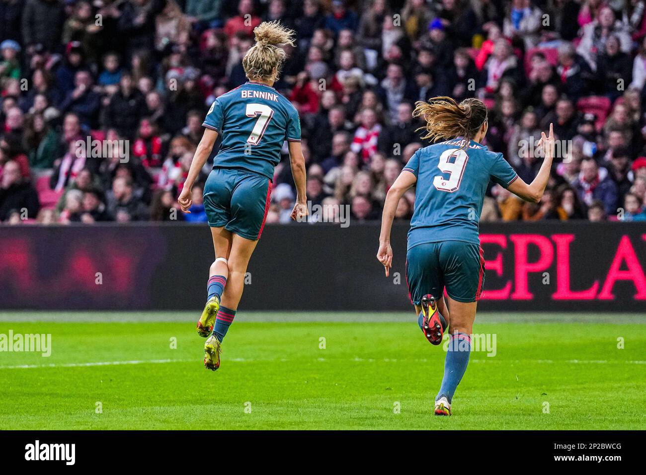 Amsterdam - Maxime Bennink of Feyenoord V1 celebrates the 0-1 during the match between Ajax V1 v Feyenoord V1 at Johan Cruyff Arena on 4 March 2023 in Amsterdam, Netherlands. (Box to Box Pictures/Yannick Verhoeven) Stock Photo