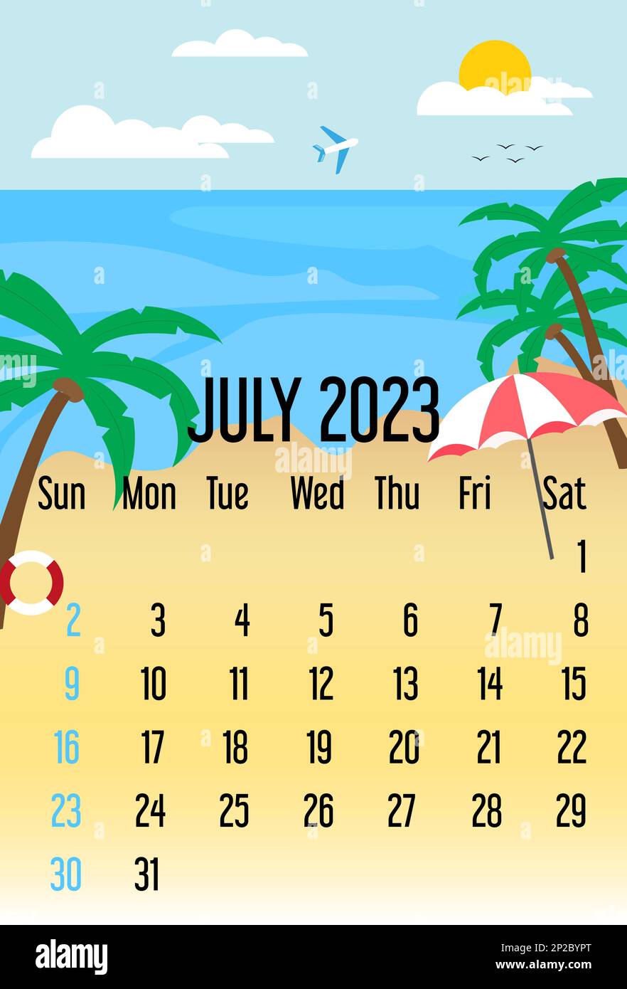 calendar july 2023. calendar template with sea and beach. summer