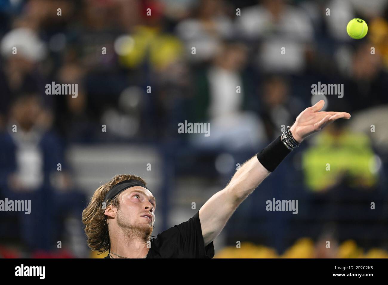 DUBAI, UAE, 4th March 2023. Action from the men's singles final of the Dubai  Duty Free Tennis Open Championships. 3rd seed Daniil Medvedev defeated  defending champion Andrey Rublev 6-2, 6-2 Credit: Feroz