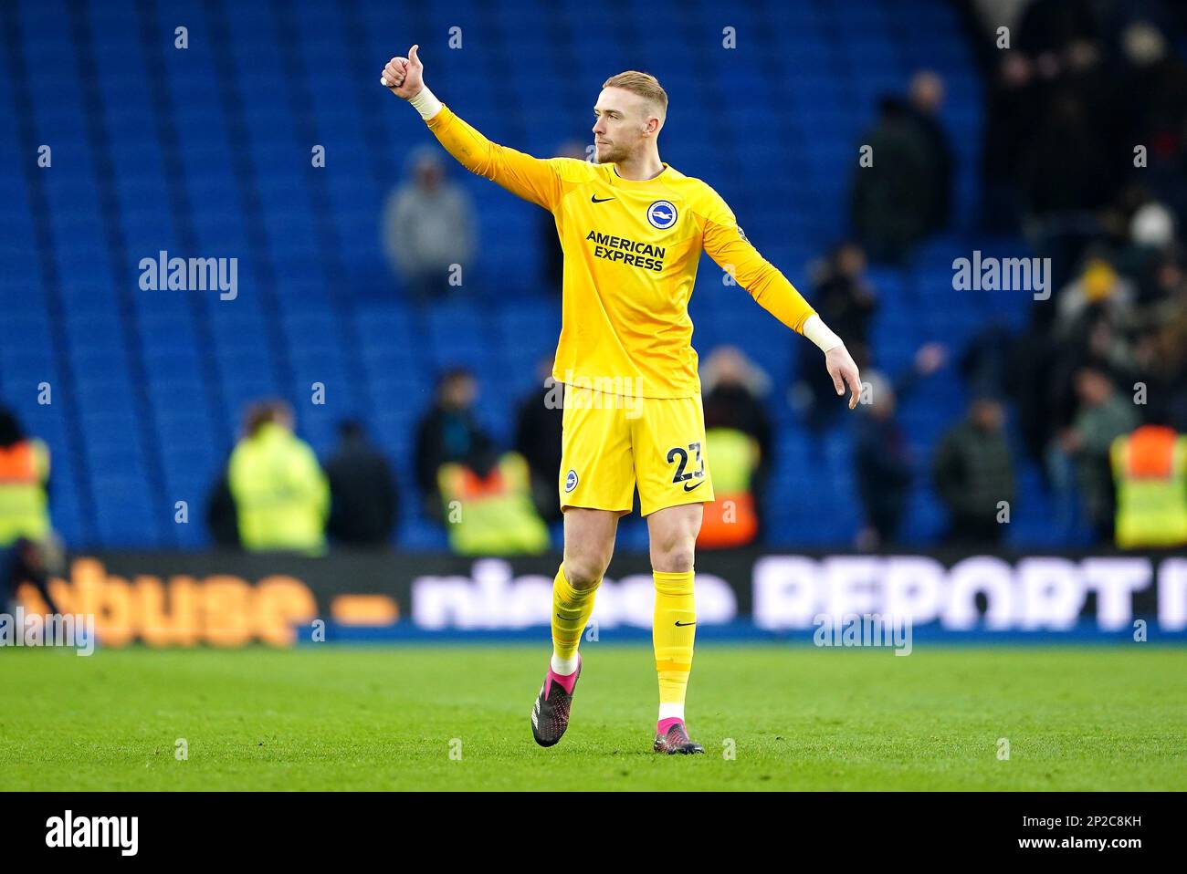 Brighton and Hove Albion goalkeeper Jason Steele celebrates after the ...