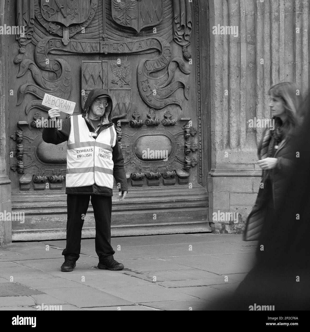 A tour guide waiting for Deborah outside Bath Abbey, North Somerset