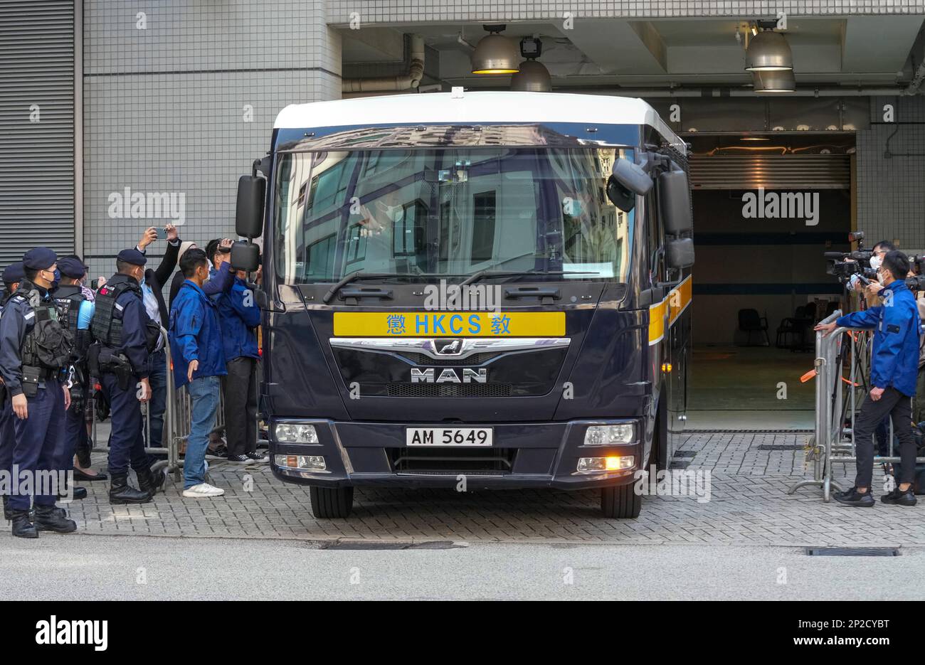 Suspects over murder and perverting the course of justice charges (murder case of socialite Abby Choi Tin-fung)  depart by a Correction Service Department vehicle court over murder and perverting the course of justice charges. Pictured at The Kowloon City Magistrates' Courts in Kowloon City. 27FEB23  SCMP / Sam Tsang Stock Photo