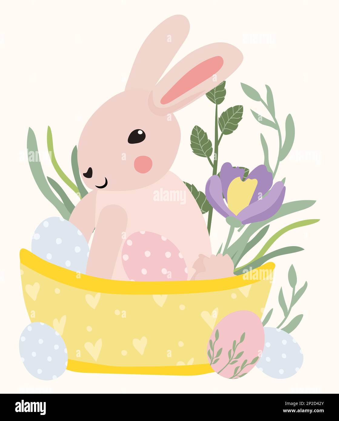Cute rabbit in a basket with spring flowers, easter eggs and green ...