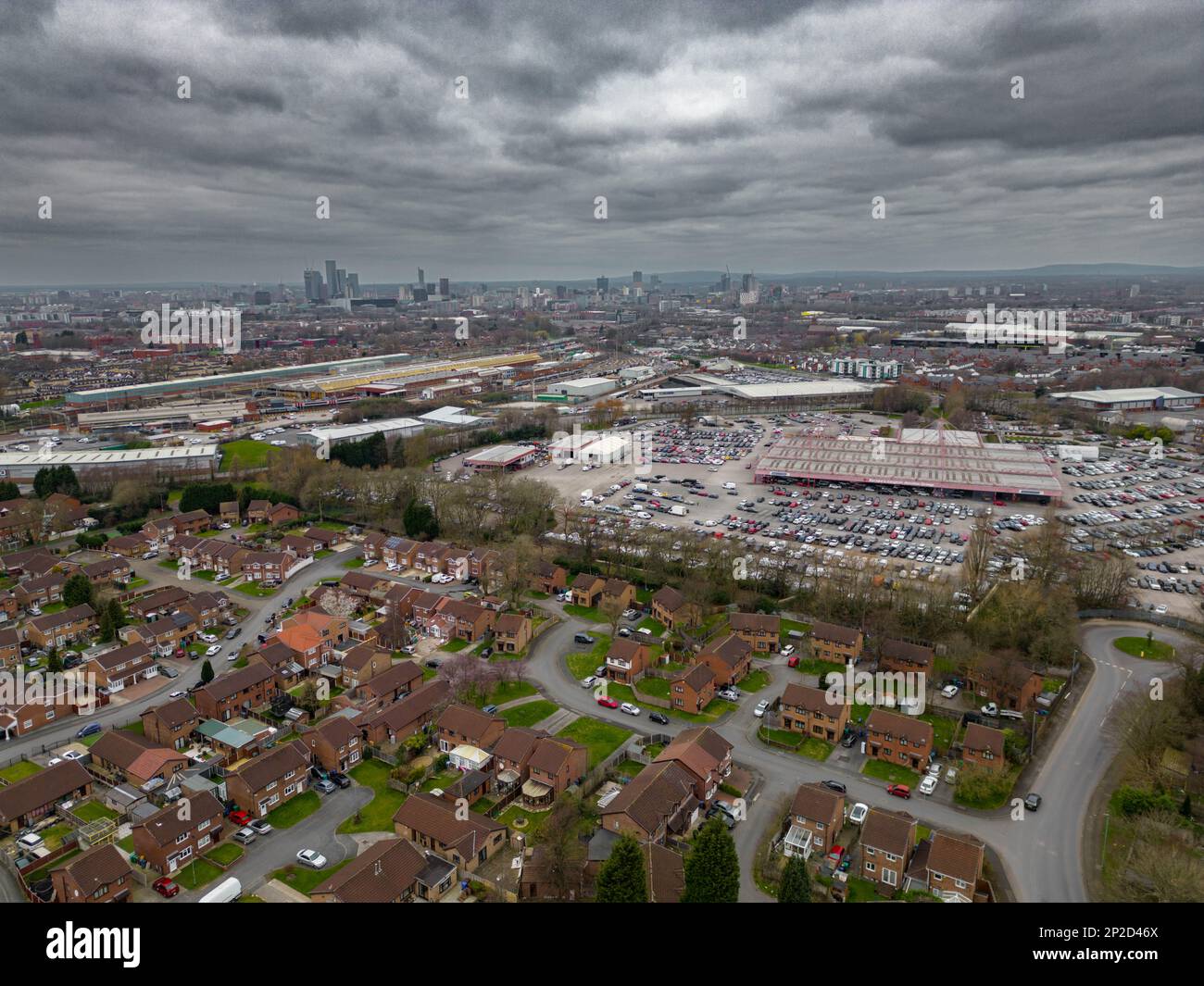 Aerial Footage of The New Belle Vue Speedway and Belle View School as well as Car Auctions and housing Stock Photo